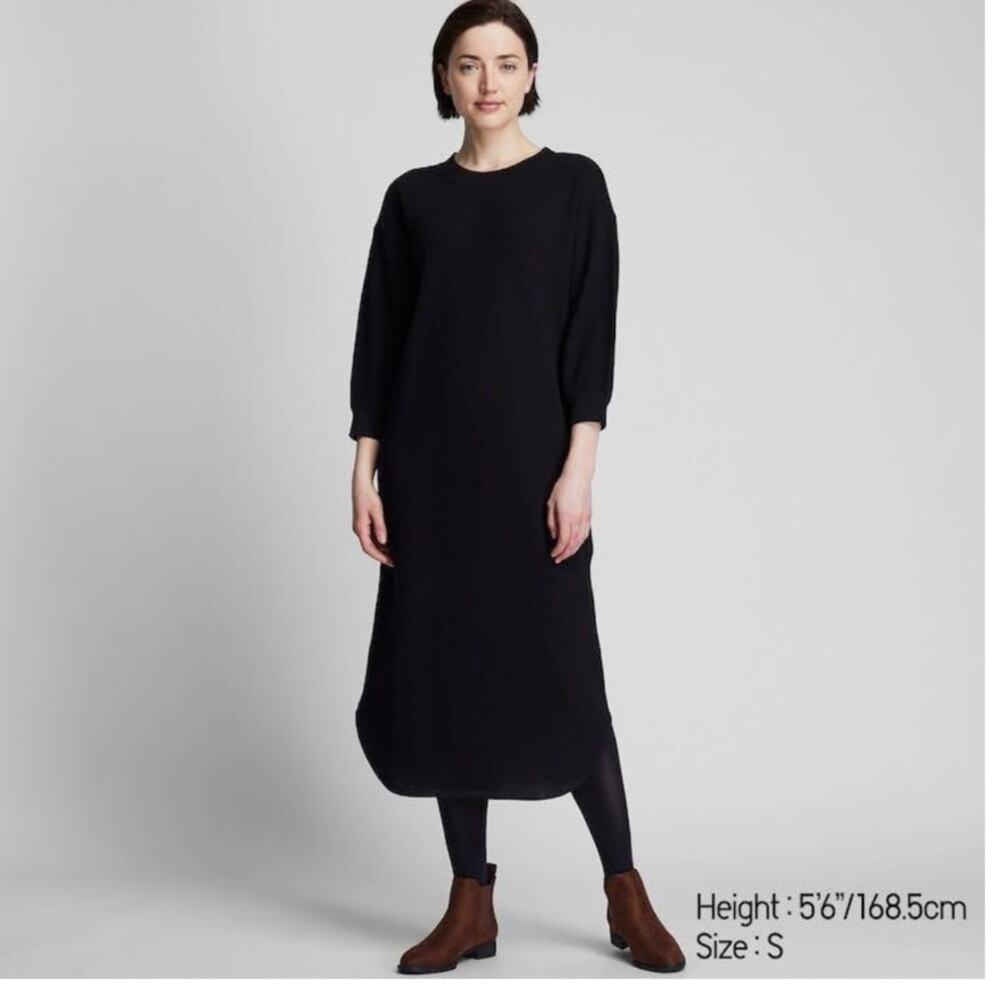 Uniqlo Black Waffle Crew Long Sleeve Dress